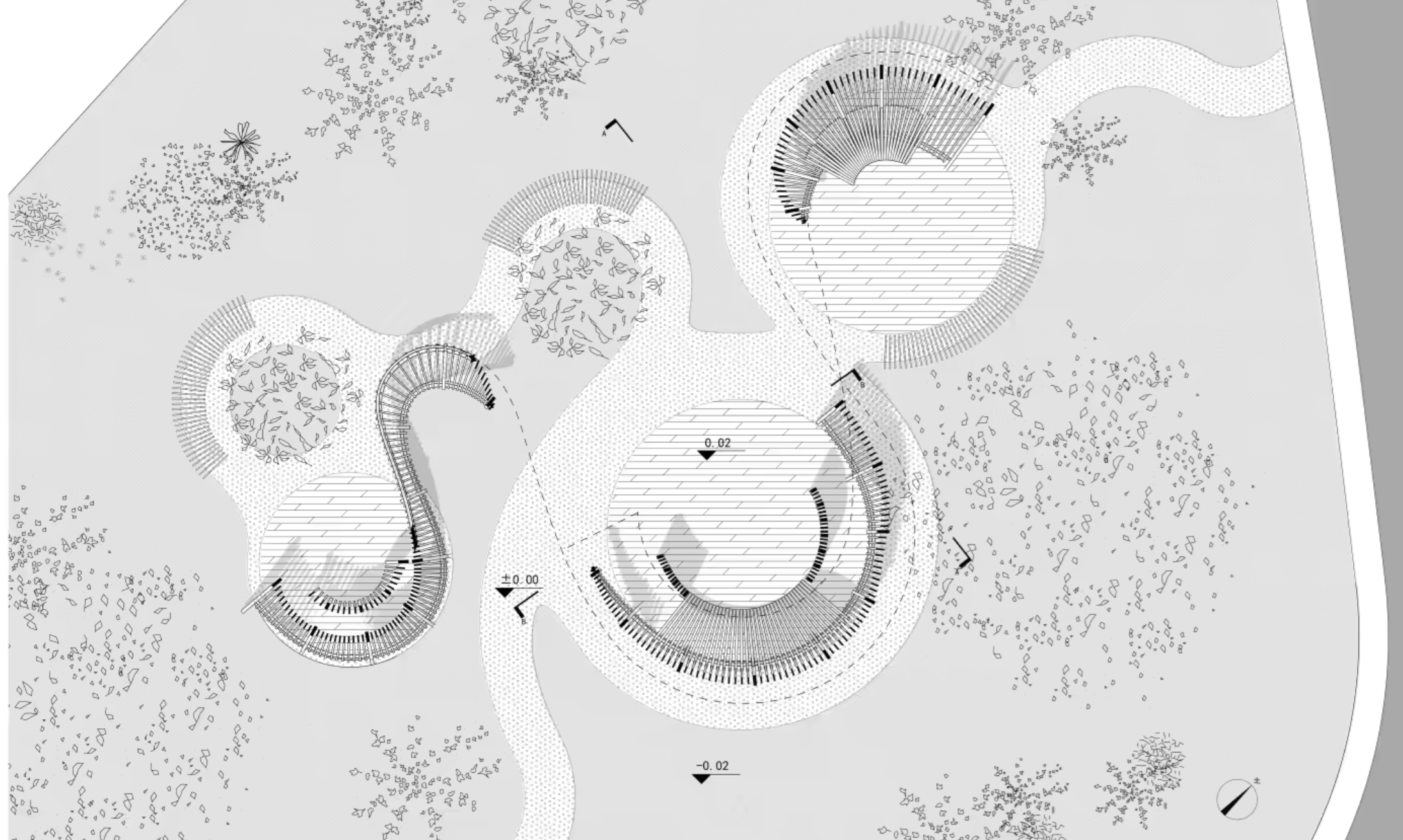 Plan of curving ribbon spaces arranged around trees, with openings between circular gathering areas and the surrounding paths