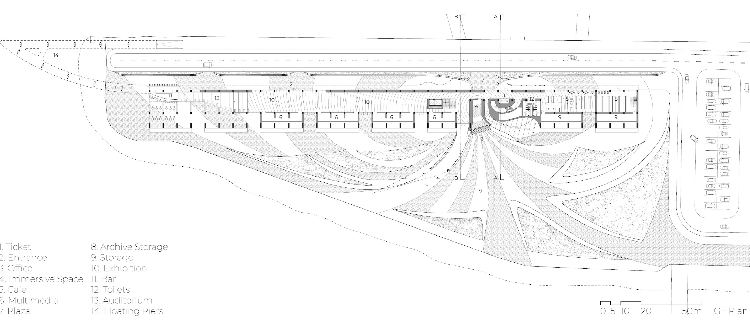 Ground-floor museum plan with a curved plaza and entrance, immersive space, linear exhibition areas, multimedia rooms, auditorium, and waterfront piers