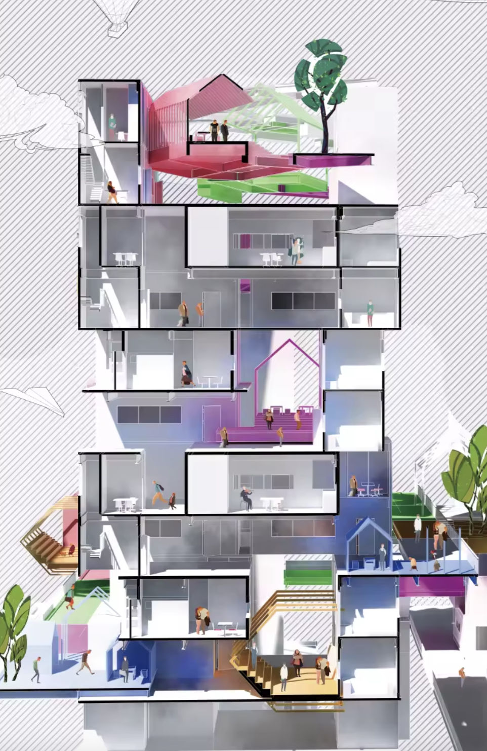 Colour-coded sectional perspective of a residential building with small communal rooms, planted terraces, and activities at different levels