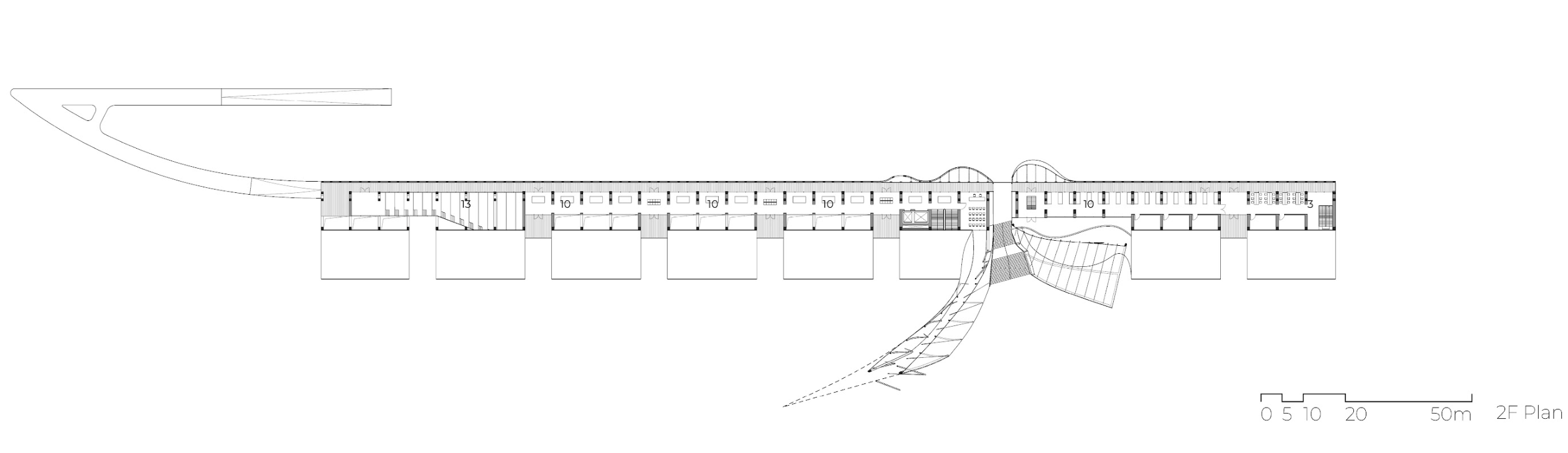 Second-floor plan showing exhibition spaces arranged along the wall and the curved membrane intervention around the central connection