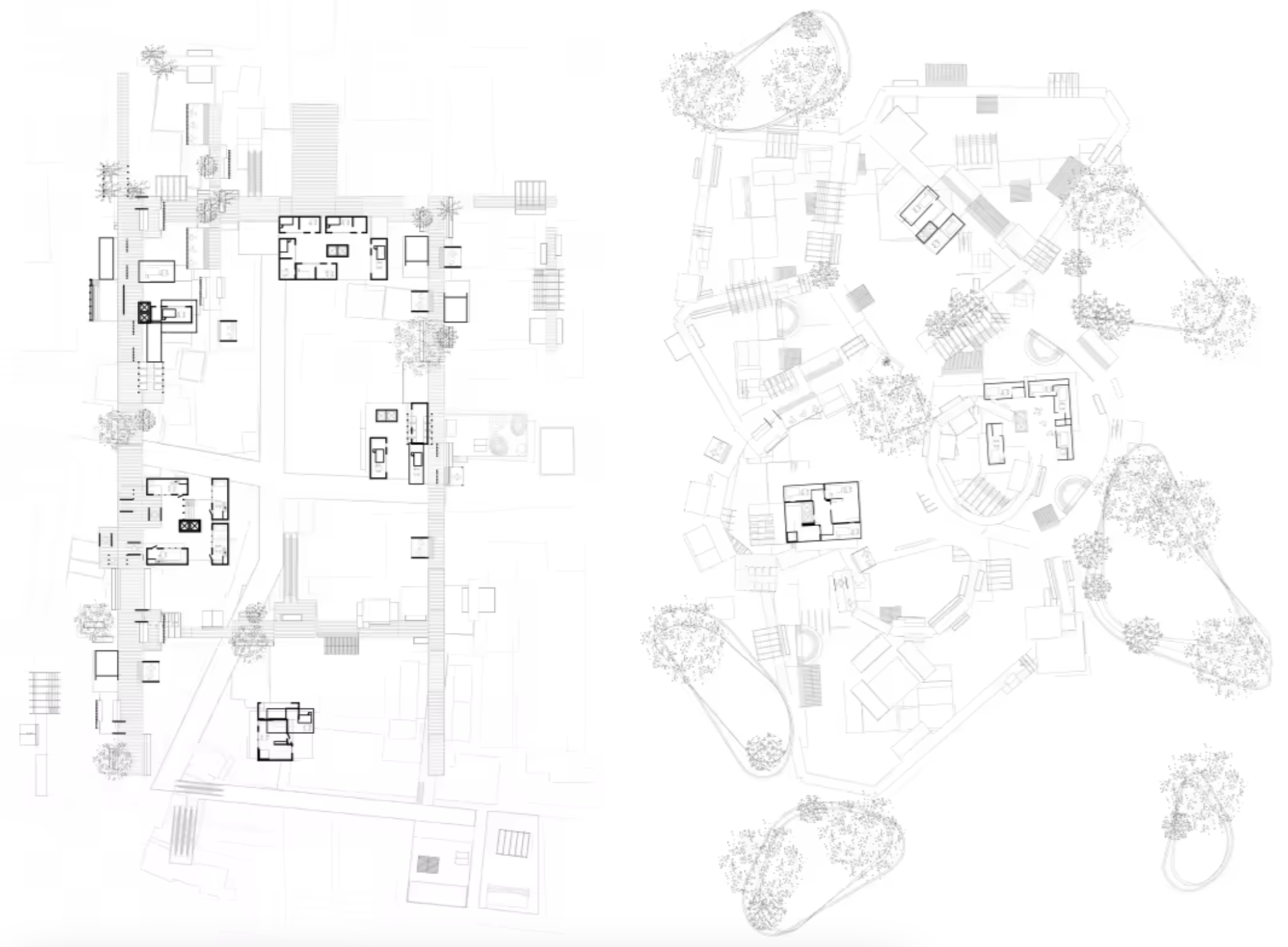 Two plans showing routes, building cores, planting, and small occupied spaces across the proposed street network