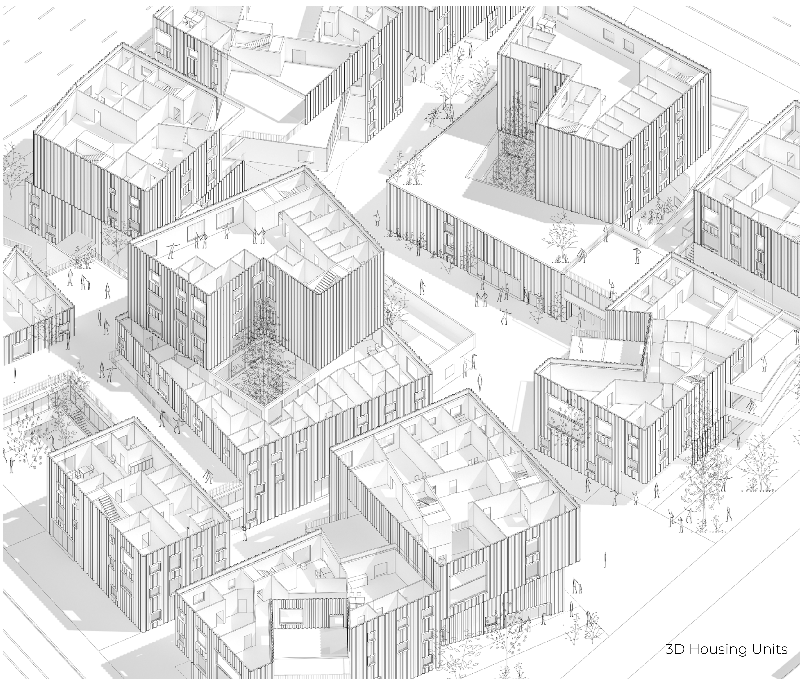 Cutaway axonometric of residential blocks revealing apartments, internal circulation, communal spaces, and terraces