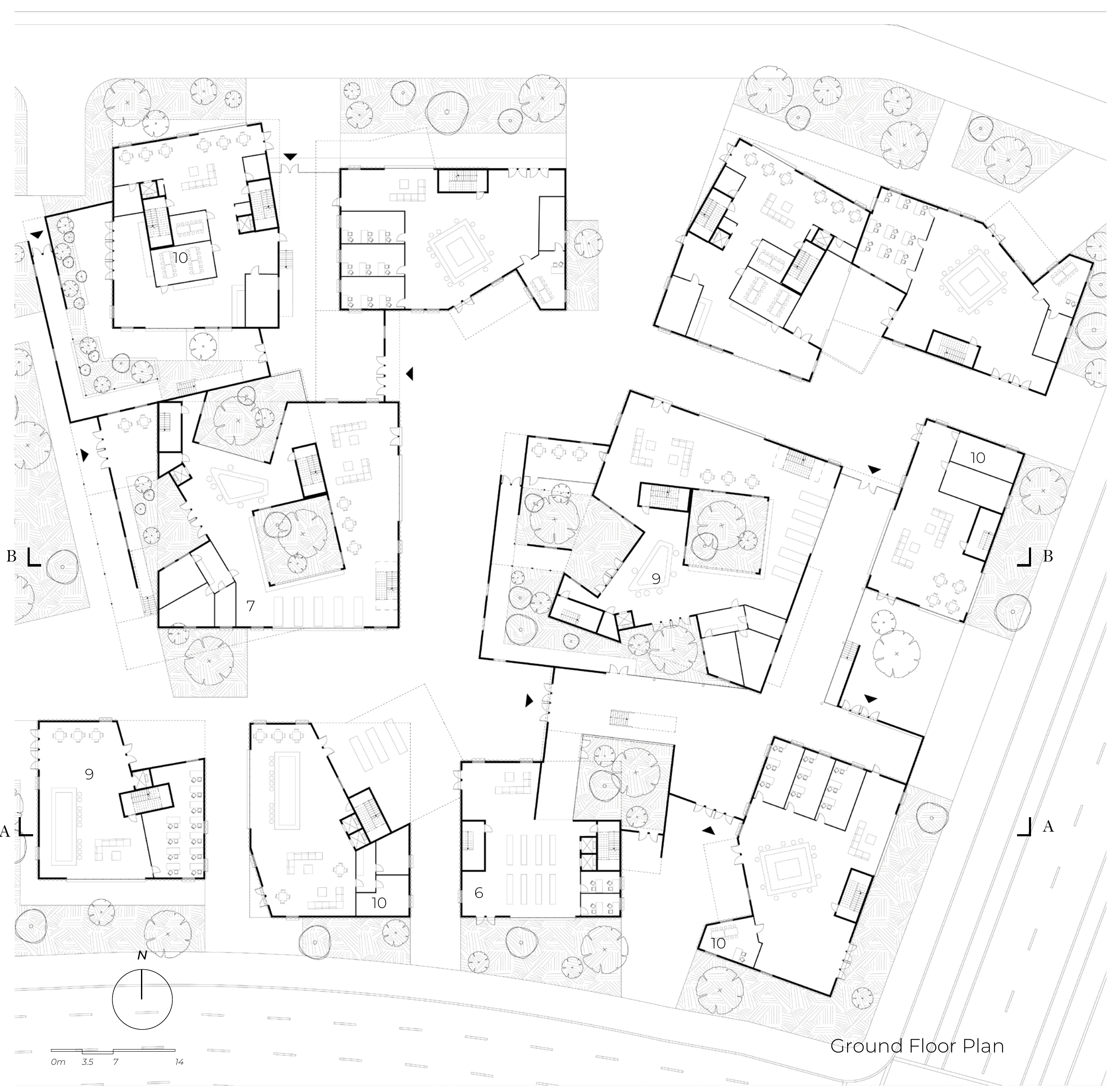 Ground-floor plan showing separate residential volumes, planted courtyards, entrances, and rooms along the surrounding streets