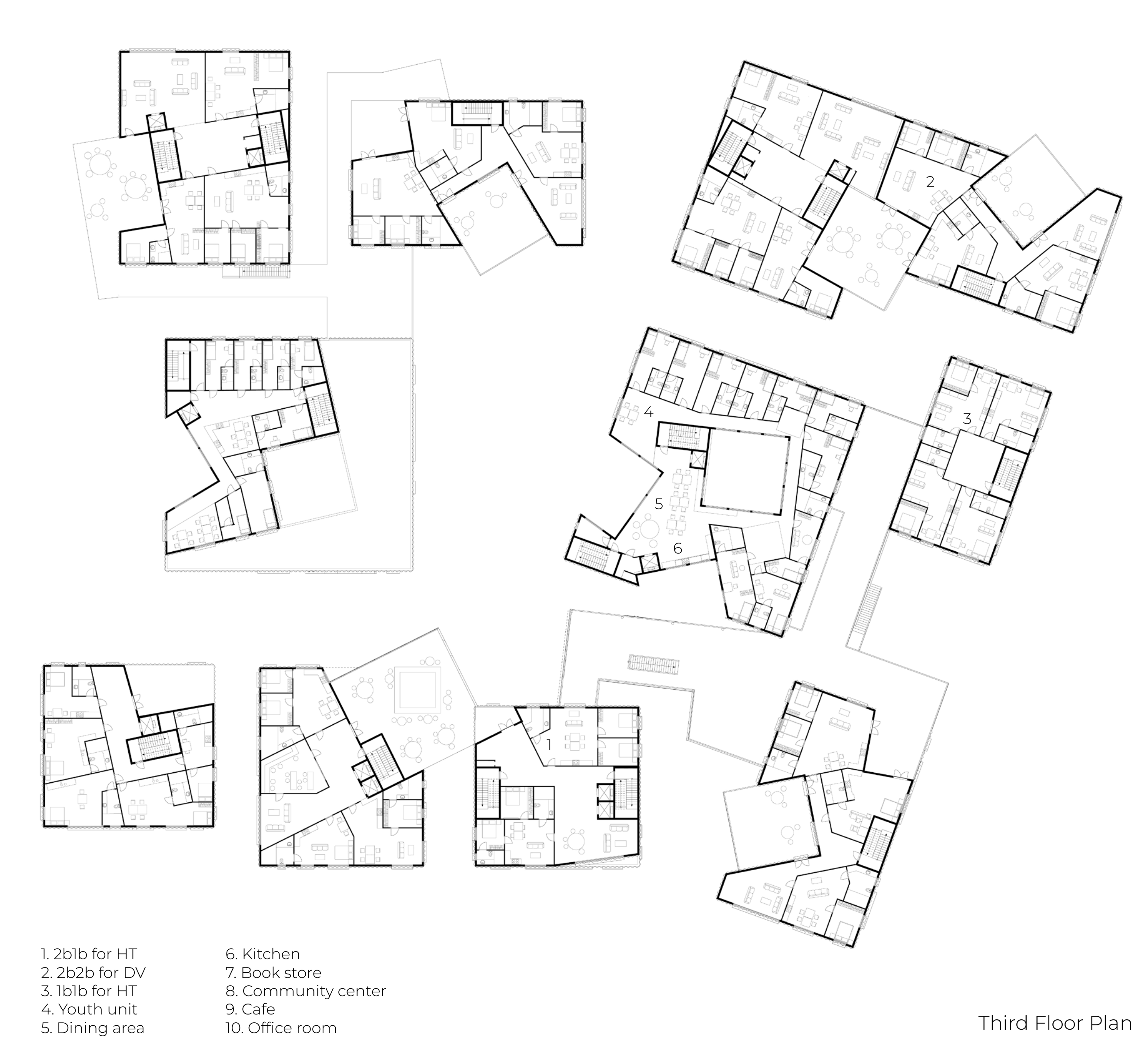 Third-floor plan with housing grouped around circulation cores, angled shared rooms, terraces, and a programme key