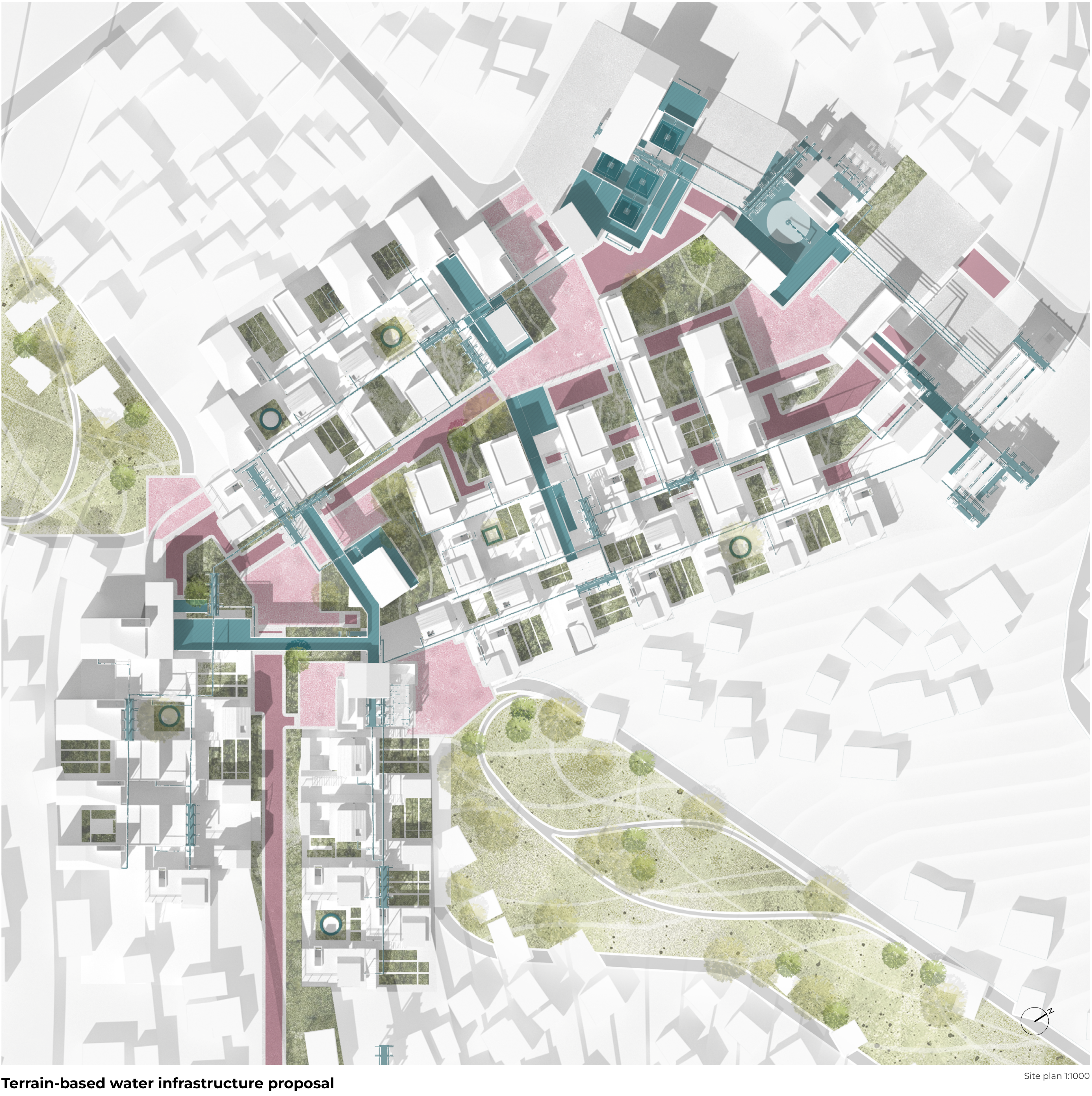 Site plan combining blue-green water infrastructure, pink public routes, housing, cultivation spaces, and landscaped areas