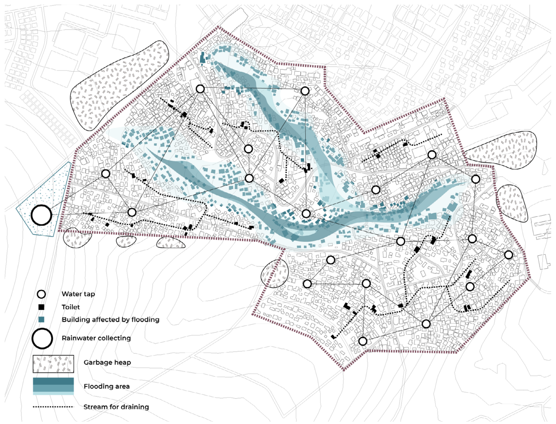 Settlement map locating public taps, toilets, rainwater collection points, flood-affected buildings, flooding areas, and drainage streams