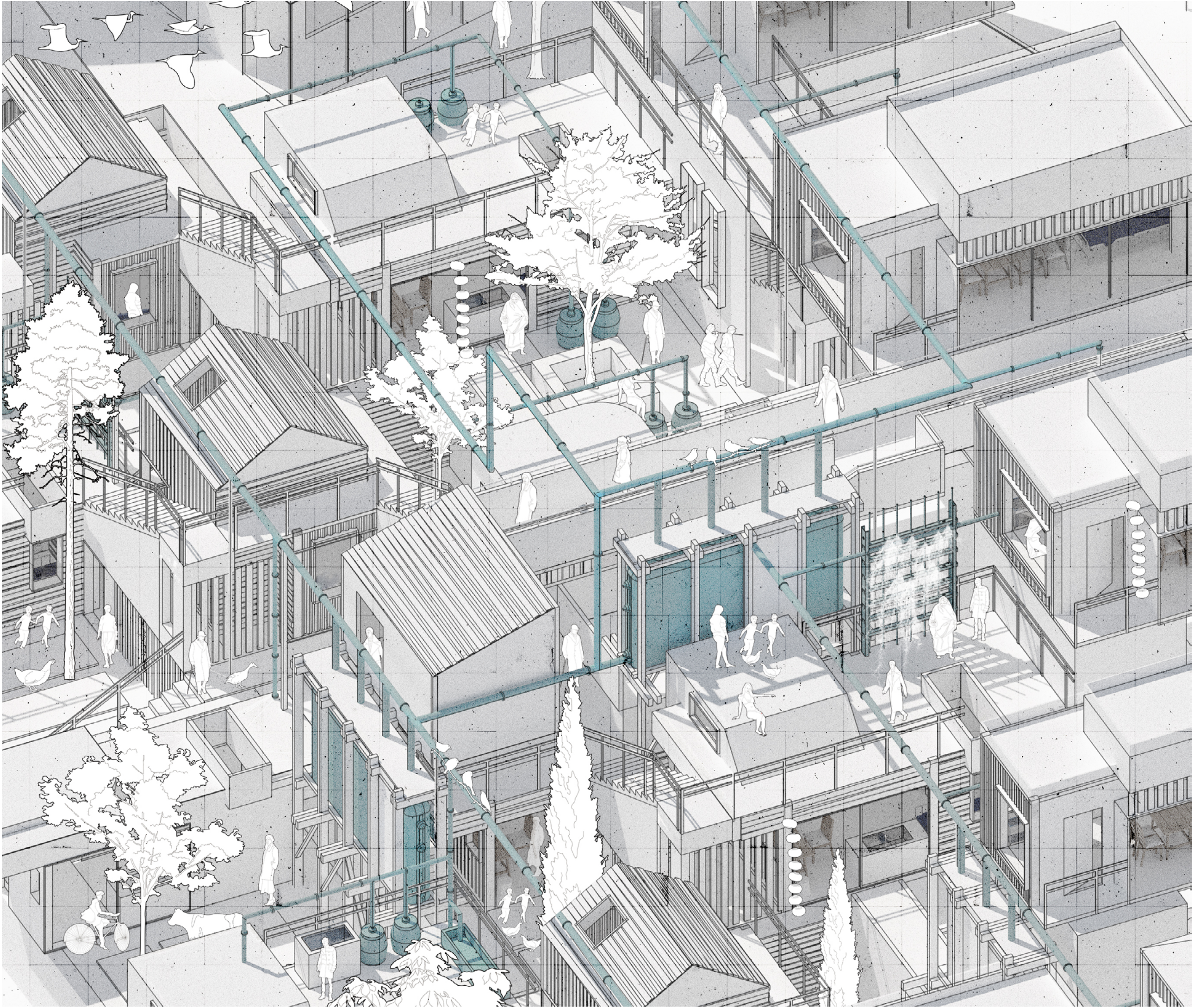 Detailed axonometric showing blue-green water pipes and a structural framework connecting homes, planted terraces, and shared pedestrian spaces