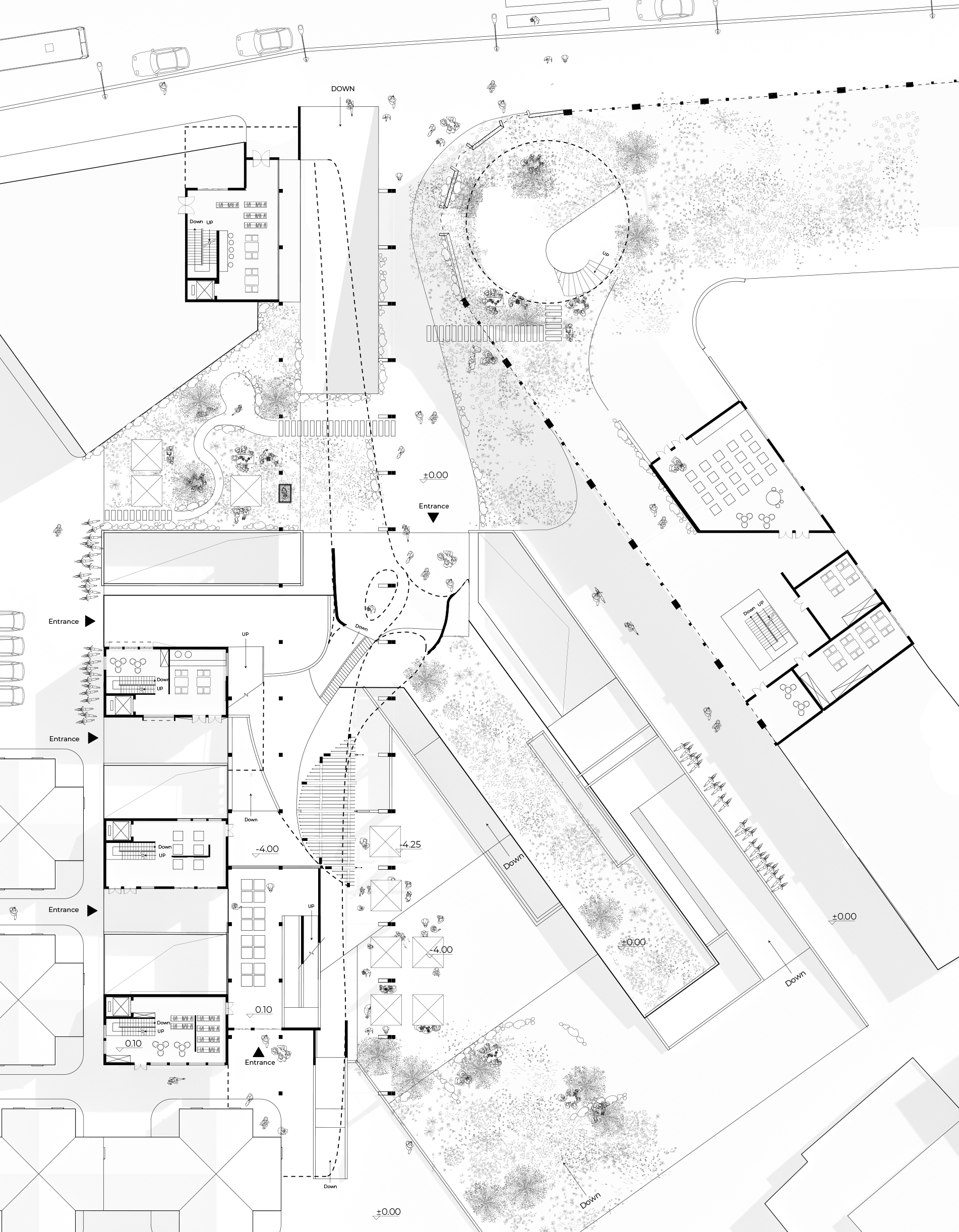 Plan showing new curved spaces, courtyards, entrances, and landscape in relation to the existing Minzhong building and surrounding streets