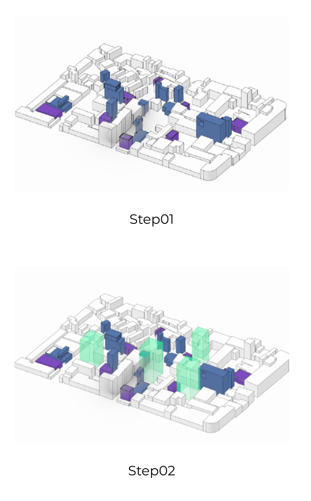Steps 01 and 02 of the design sequence, highlighting selected buildings and introducing translucent volumes within the existing neighbourhood