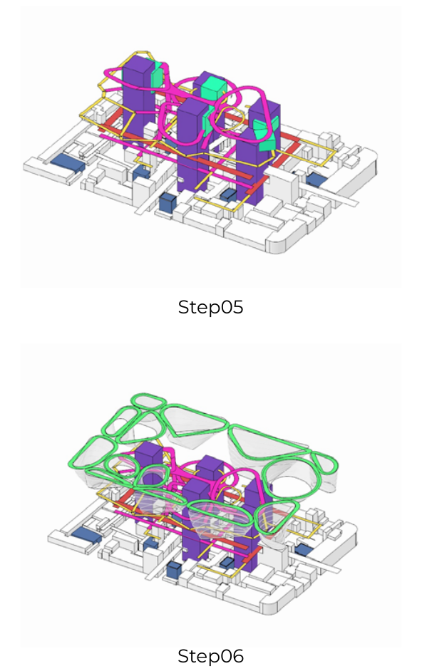 Steps 05 and 06 showing looping connections around the buildings and an additional upper network
