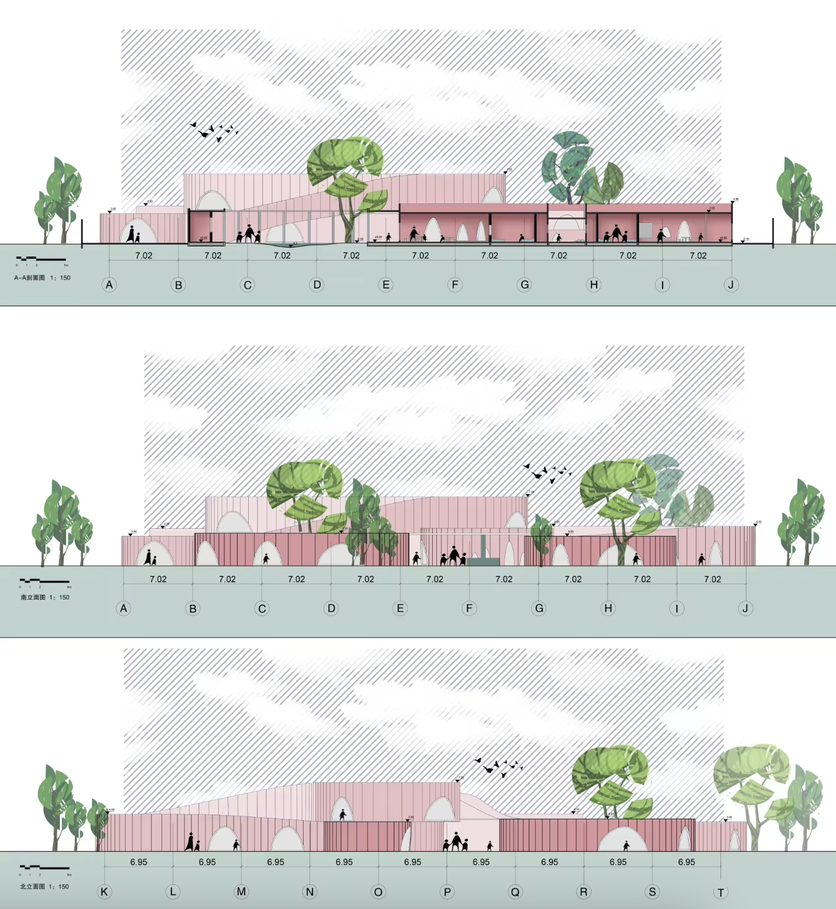 Three kindergarten elevations showing curved pink walls, varied openings, trees, and people