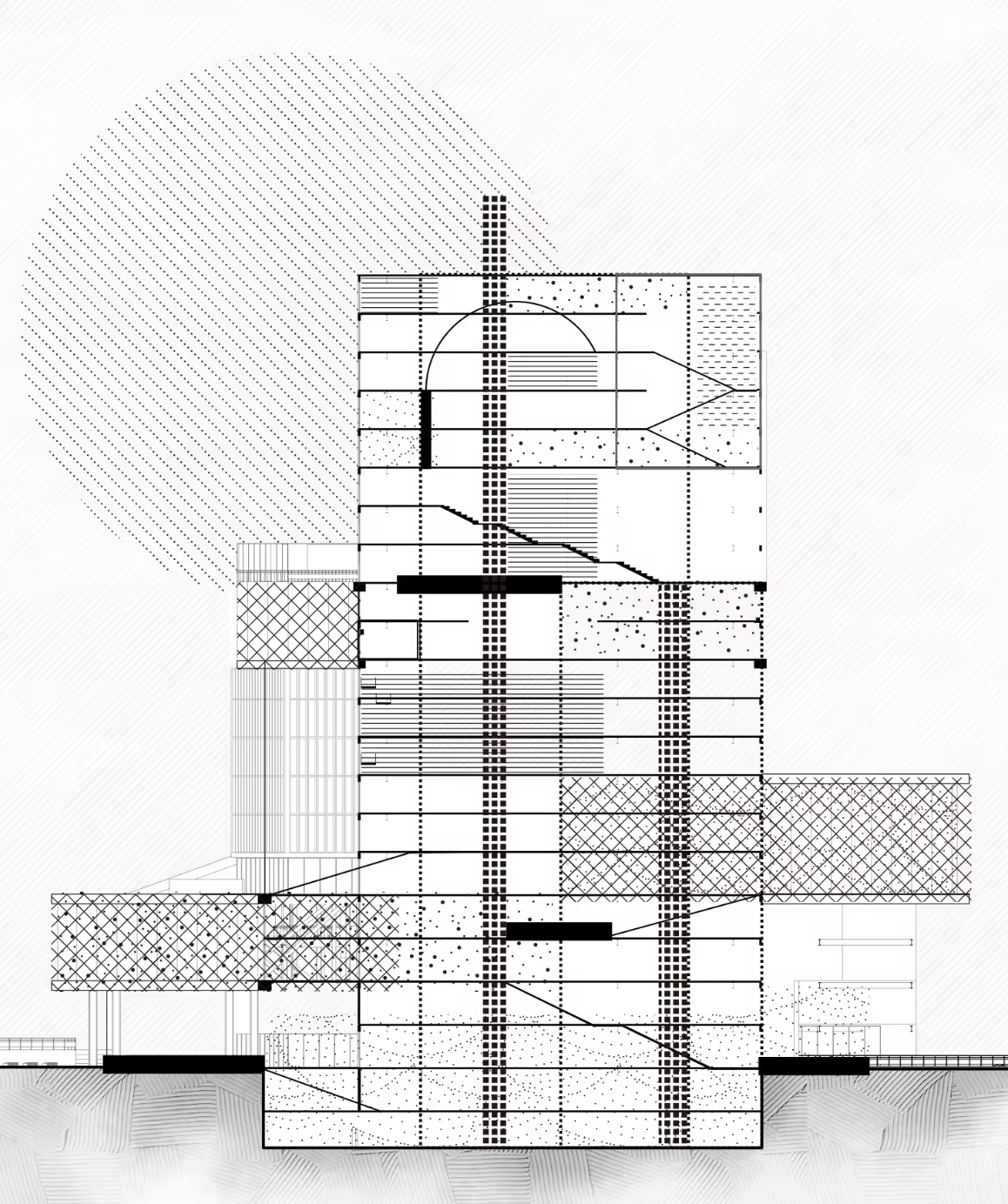 Tall section with offset volumes and diagonal circulation routes