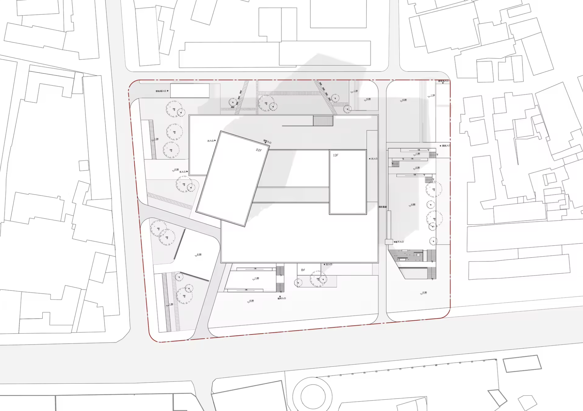 Site plan locating the proposal among the surrounding urban blocks