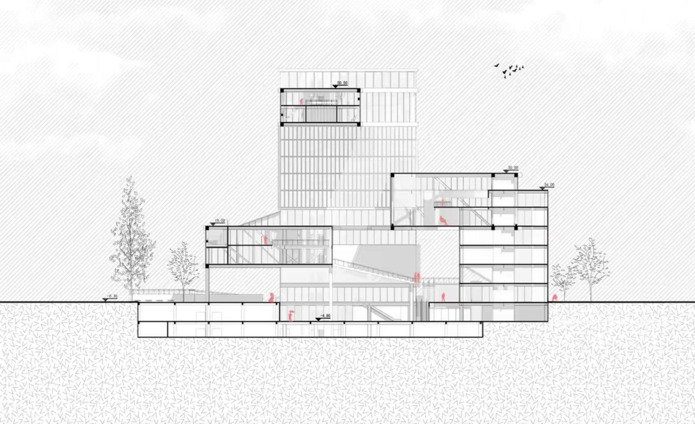 Cross section through the towers and lower shared platforms