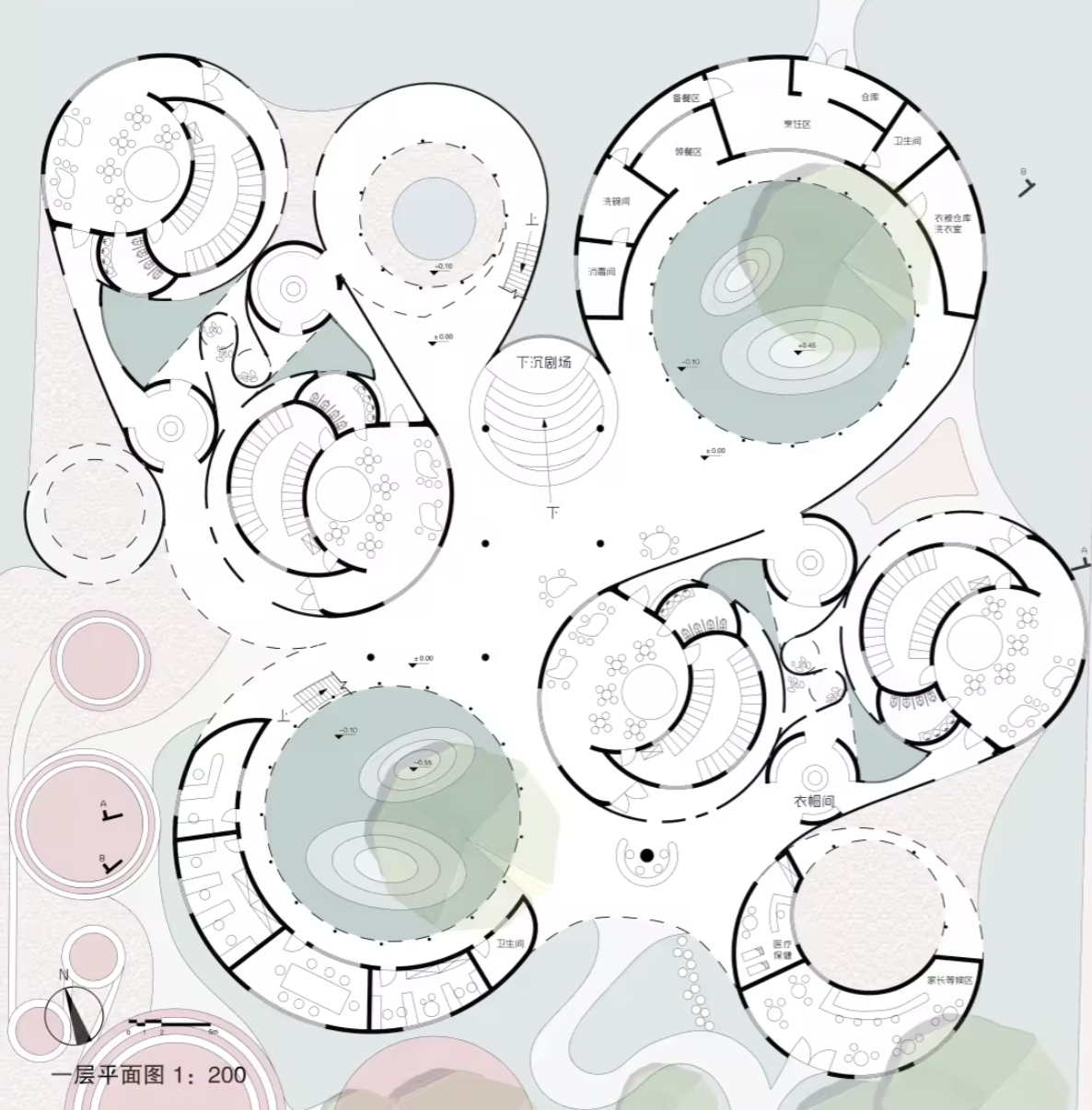 Kindergarten floor plan with circular classroom units, courtyards, and connecting paths