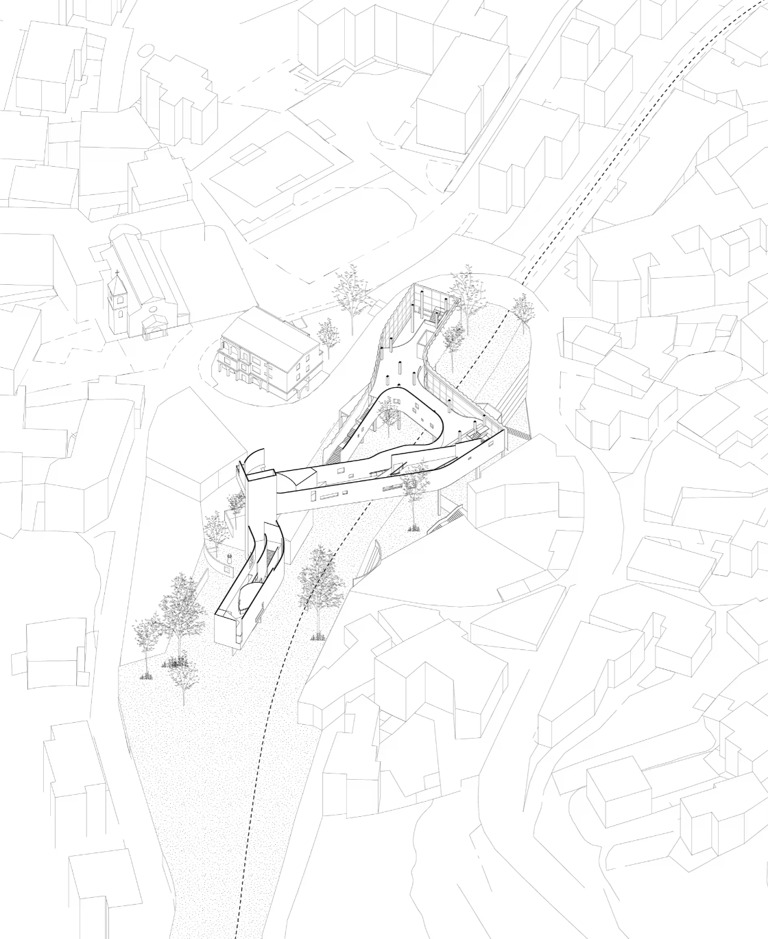 Axonometric drawing of the new station threading between existing buildings