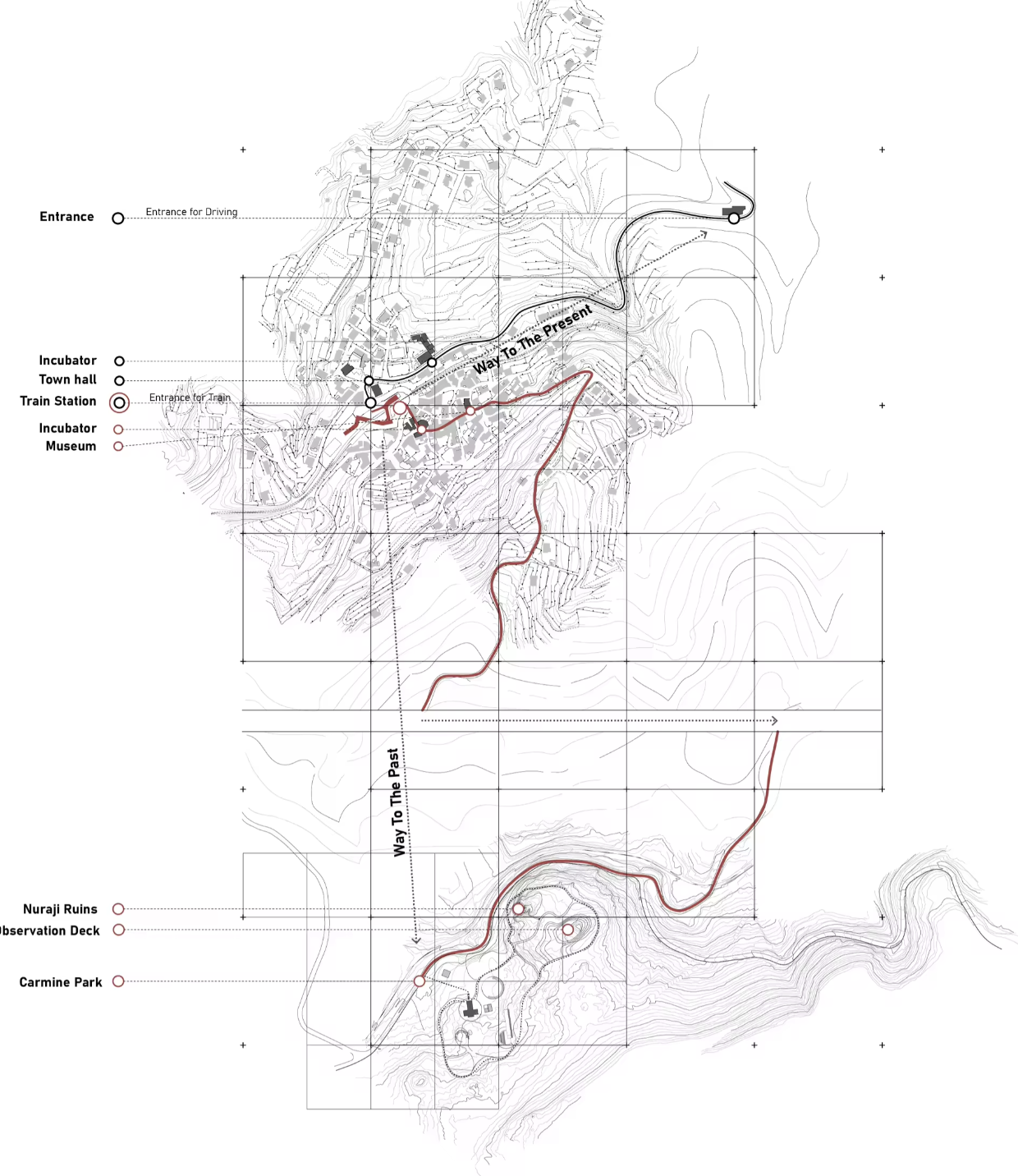 Territorial diagram linking the station, historic sites, and landscape along several routes