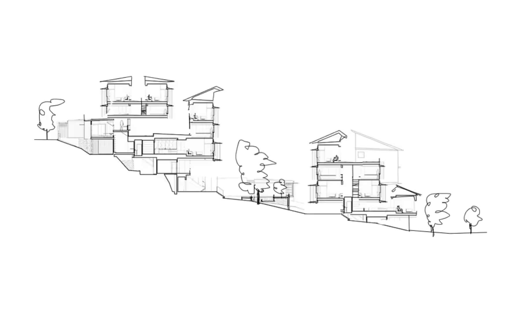 Section through housing volumes stepping along a mountain slope