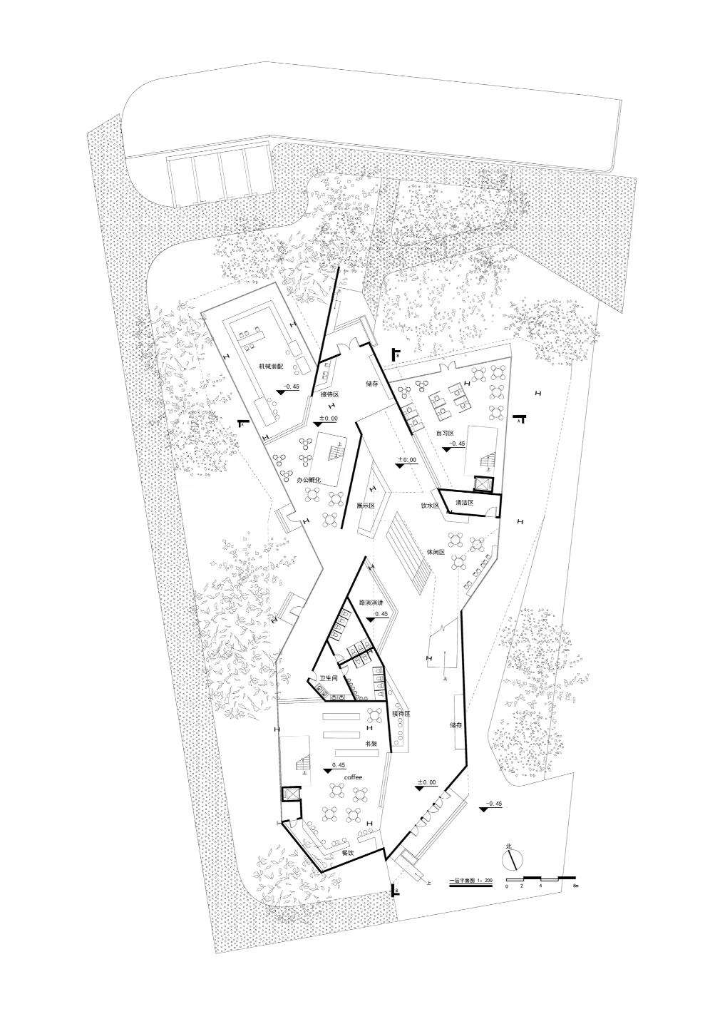 Plan of the incubator showing rooms and circulation within a tapered site