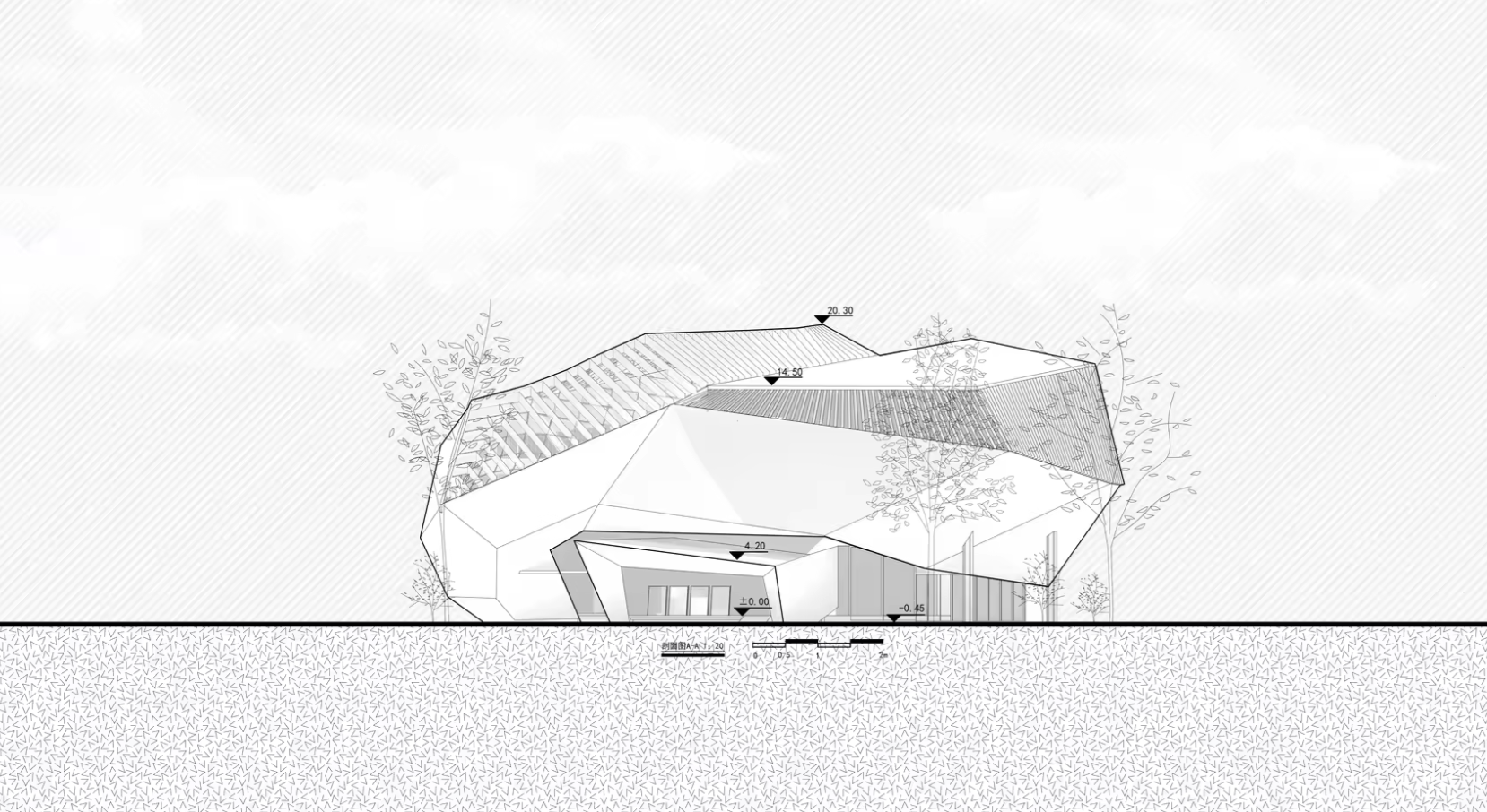 Elevation of the incubator with a faceted upper volume above an open ground-level edge