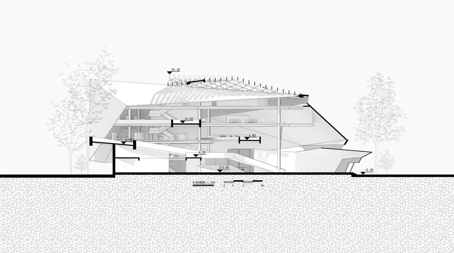 Longitudinal section showing ramps and shared spaces across several levels