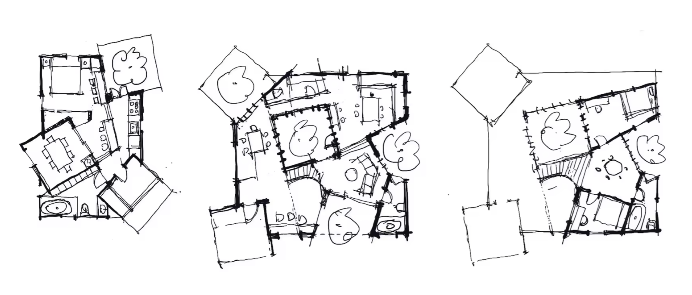 Three hand-drawn housing plans with rotated rooms and planted spaces between them