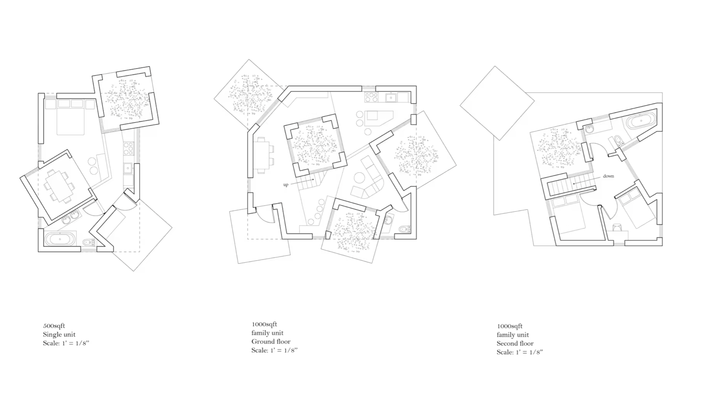 Three housing prototype plans with angled room arrangements and planted courtyards
