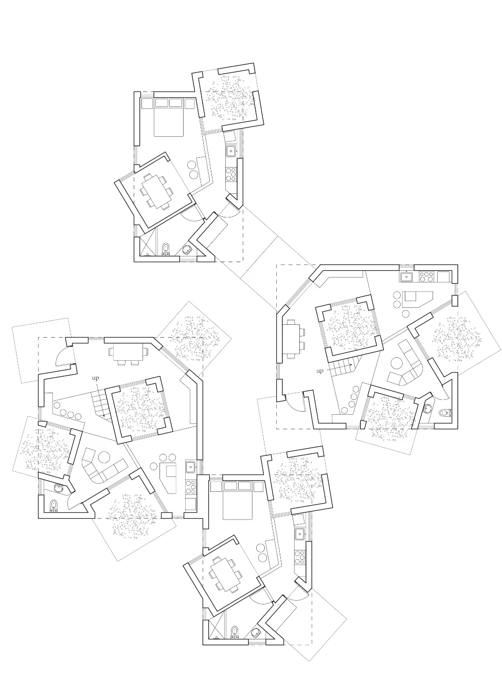 Plan of several housing prototypes linked around shared open areas