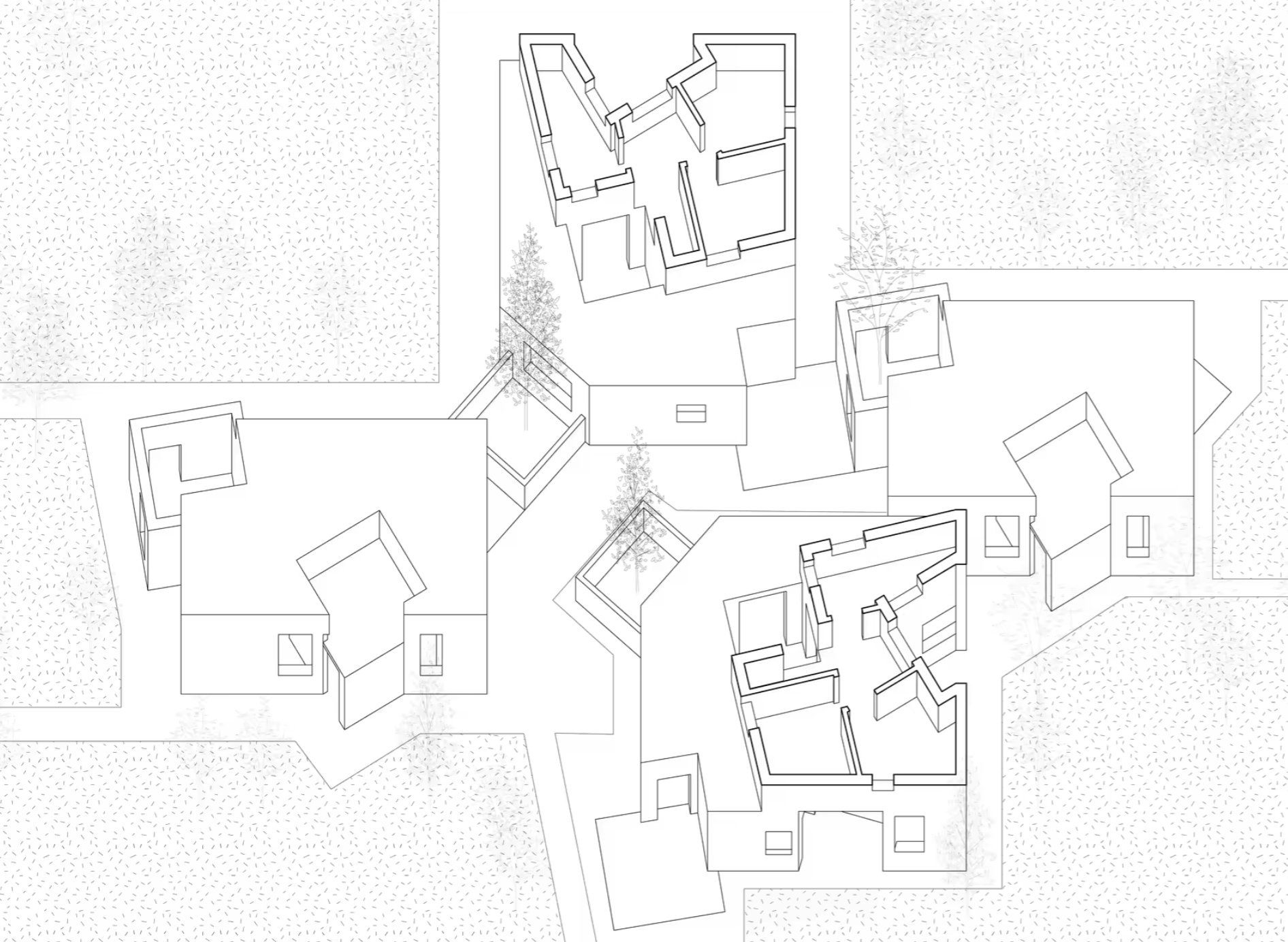 Plan showing rotated building volumes, roofs, and paths between the clusters