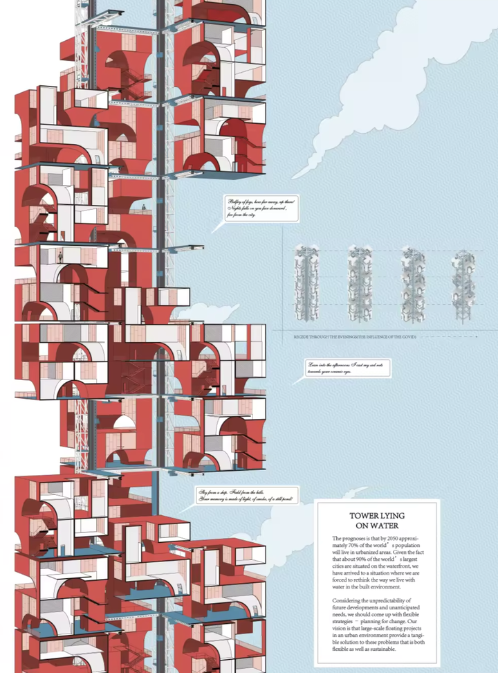 Vertical conceptual collage of red residential modules arranged within a larger white structural framework
