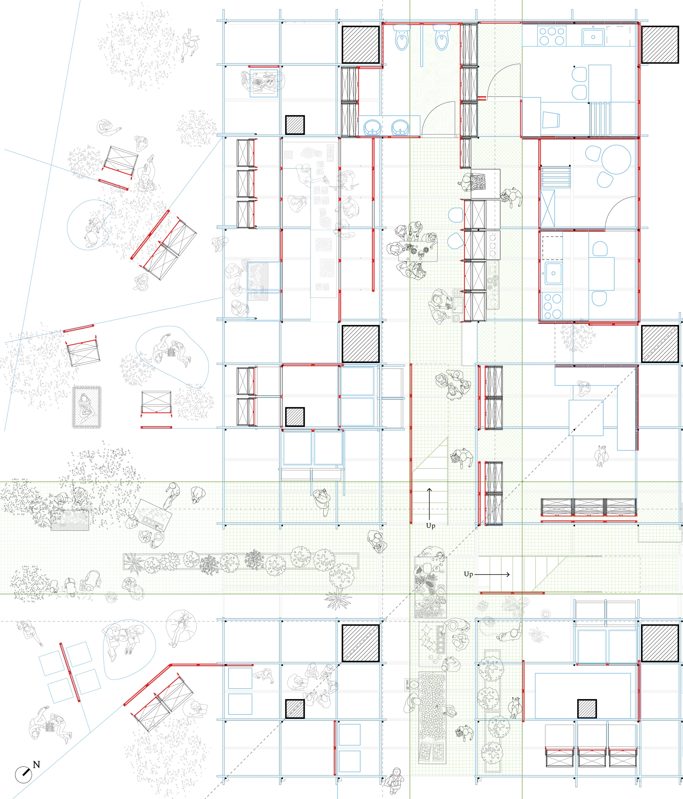 Plan distinguishing existing columns, a finer inserted grid, circulation, and rooms